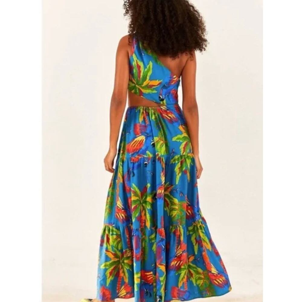 Farm Rio Sunny Day Maxi Dress One-Shoulder Cutout Tropical Linen Blend Size XL - Picture 5 of 14